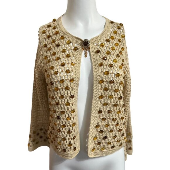 Vintage Curio Cropped Cardigan Sweater Tan Open Knit Brown Beads Brooch - Picture 1 of 13